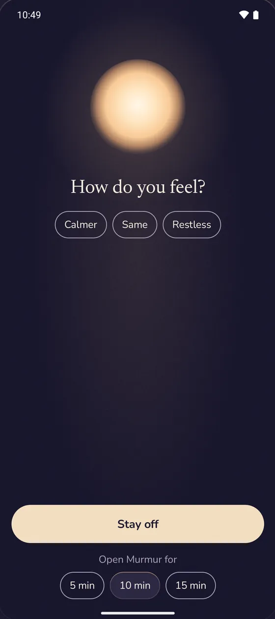 Lentu on Android after a breath: How do you feel? Stay off, or open the app for 5, 10 or 15 minutes.