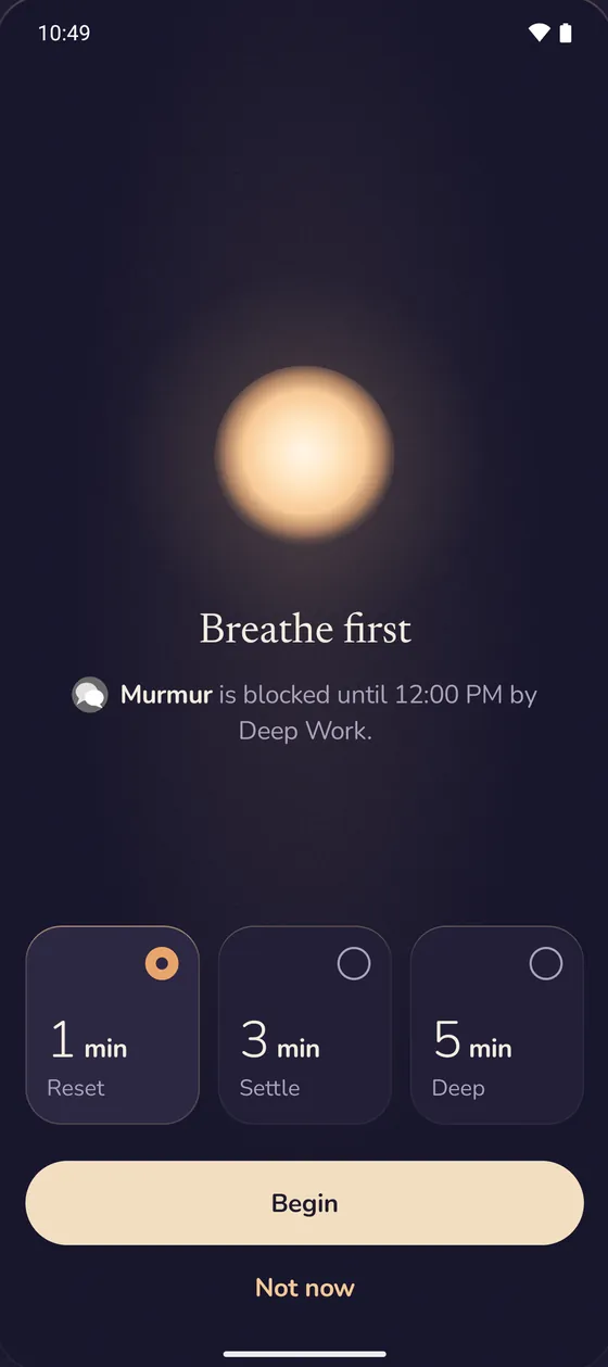 Lentu on Android covering a blocked app: Breathe first. The app is blocked until 12:00 PM by Deep Work. Choose 1, 3 or 5 minutes.