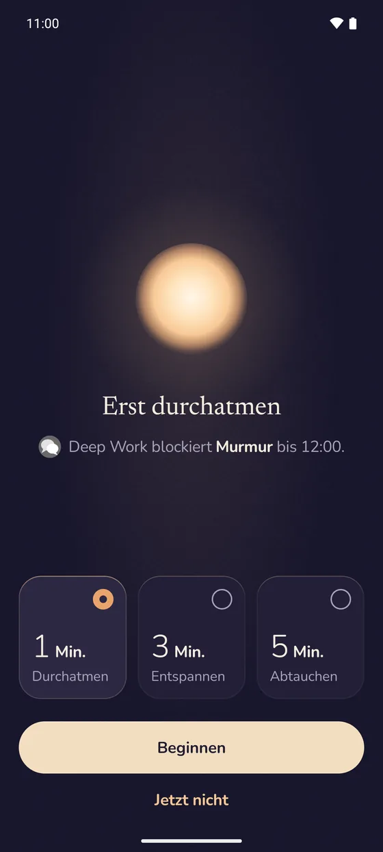 Lentu auf Android über einer blockierten App: Erst durchatmen. Deep Work blockiert die App bis 12:00. Wähle 1, 3 oder 5 Minuten.
