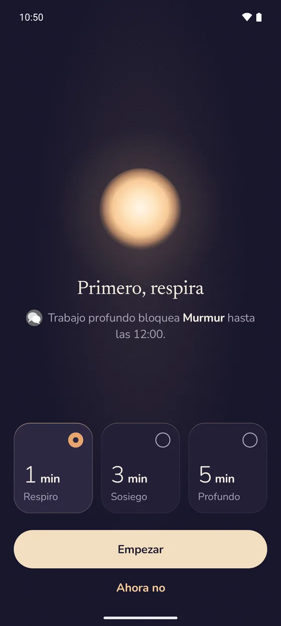 Lentu en Android, sobre una app bloqueada: Primero, respira. Trabajo profundo bloquea la app hasta las 12:00. Elige 1, 3 o 5 minutos.