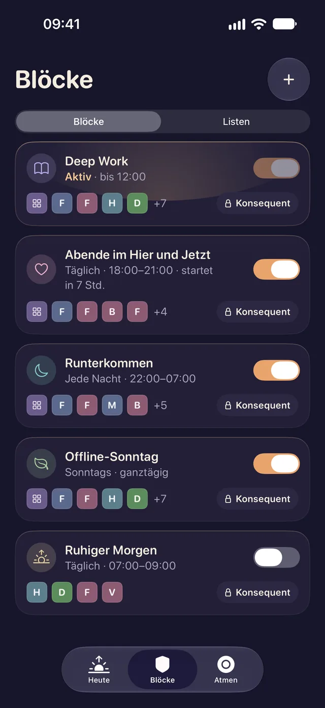 Die Blöcke in Lentu auf dem iPhone: Deep Work, aktiv bis 12:00; Abende im Hier und Jetzt; Runterkommen; Offline-Sonntag; Ruhiger Morgen. Alle auf „Konsequent“.
