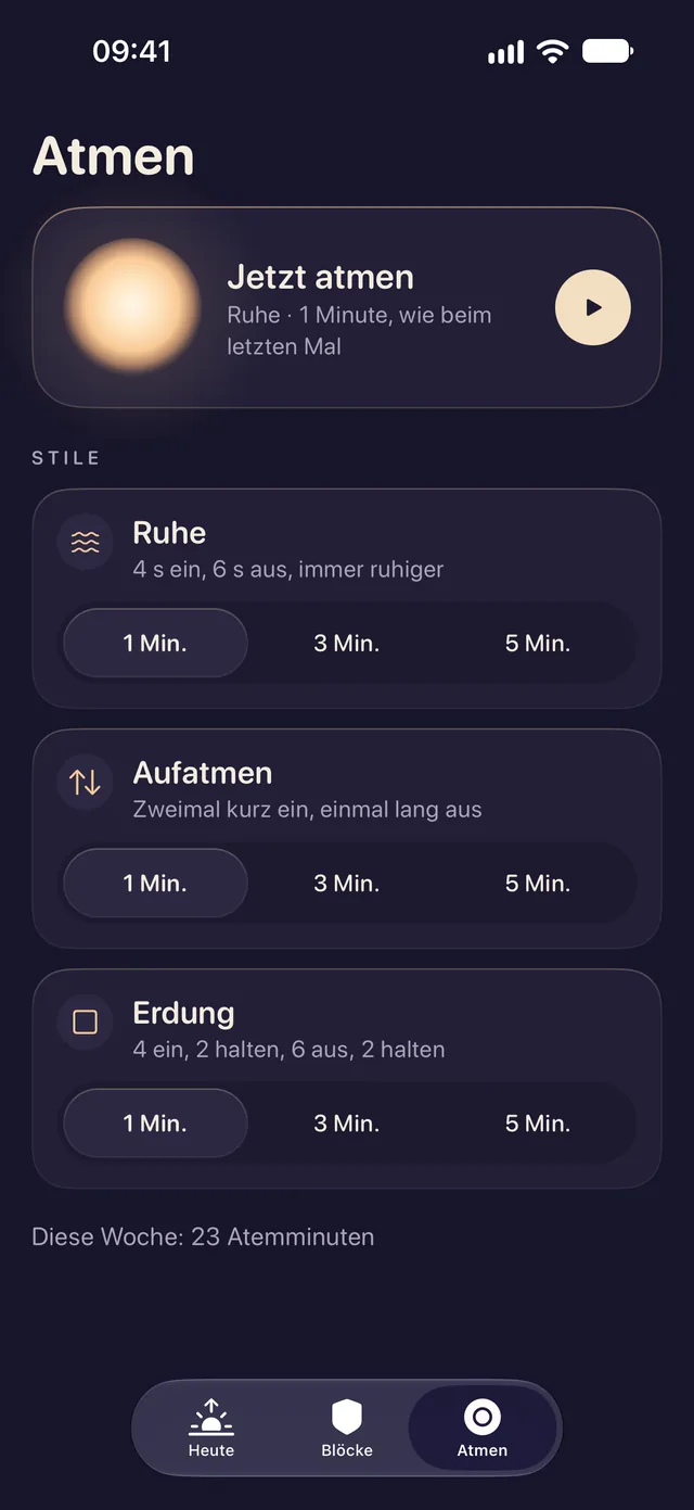 Der Tab „Atmen“ in Lentu: „Jetzt atmen“, dann die Stile Ruhe, Aufatmen und Erdung, jeweils mit 1, 3 oder 5 Minuten. Diese Woche: 23 Atemminuten.