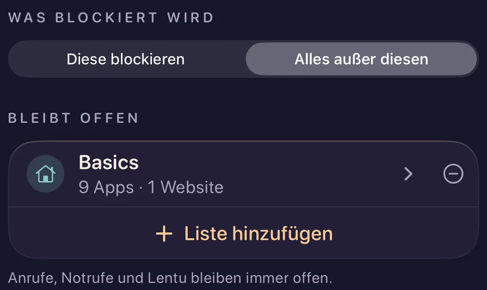 Der Block Offline-Sonntag in Lentu, eingestellt auf „Alles außer diesen“. Bleibt offen: Basics, 9 Apps und 1 Website. Anrufe und Notrufe sind immer möglich, und Lentu bleibt offen.