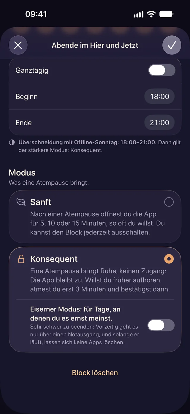 Der Block-Editor in Lentu: zwei Moduskarten, Sanft und Konsequent. Konsequent ist ausgewählt, darunter liegt der Schalter für den Eisernen Modus.