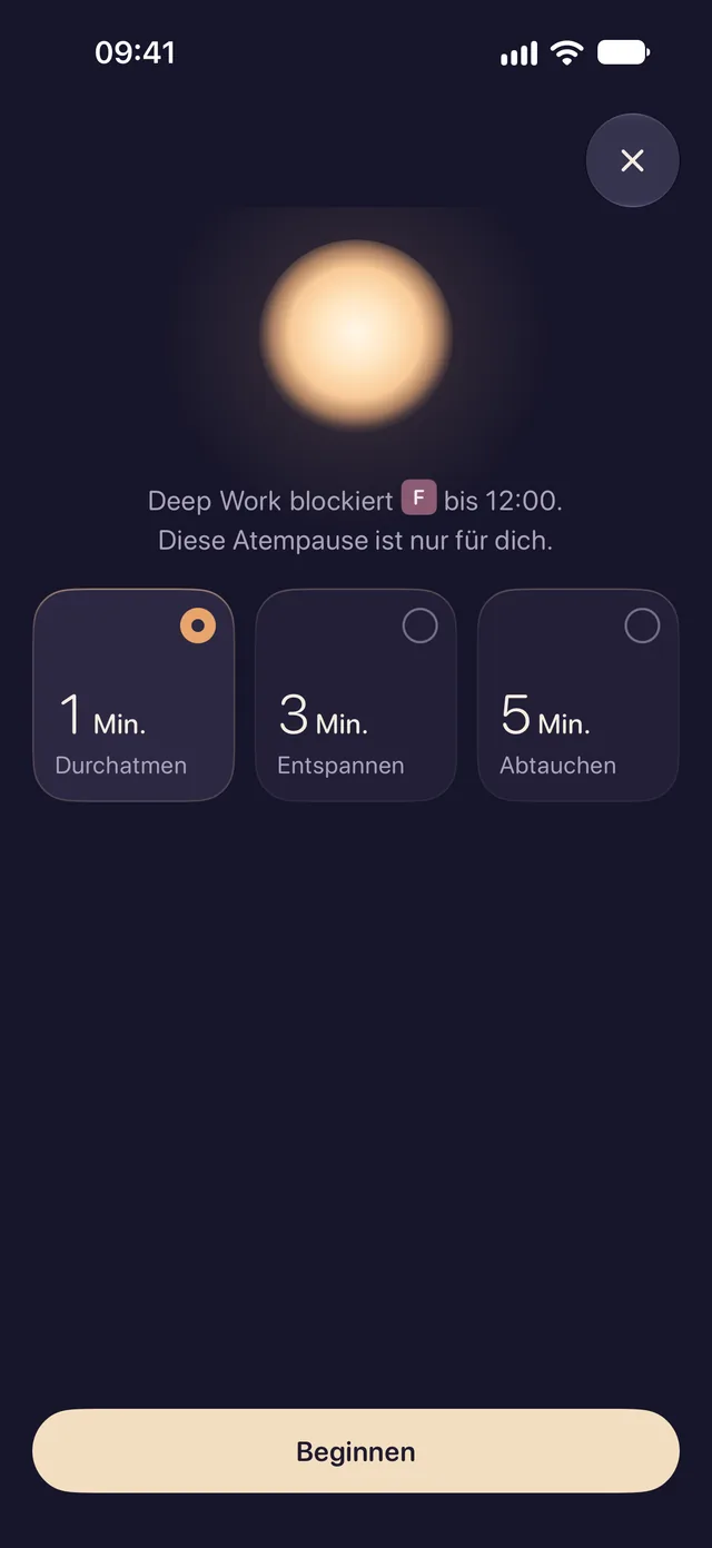 Lentu, wenn du eine blockierte App öffnen willst: Deep Work blockiert diese App bis 12:00. Diese Atempause ist nur für dich. Wähle 1, 3 oder 5 Minuten, dann „Beginnen“.