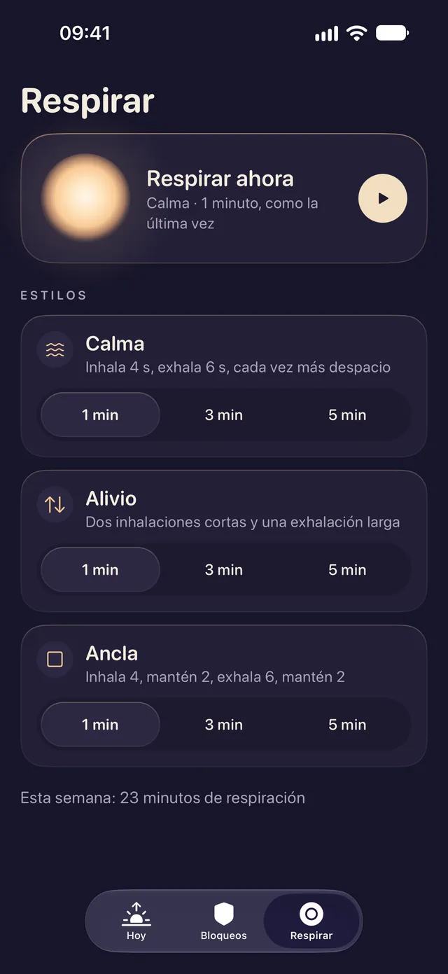La pestaña Respirar de Lentu: Respirar ahora y, debajo, los estilos Calma, Alivio y Ancla, cada uno en 1, 3 o 5 minutos. Esta semana: 23 minutos de respiración.