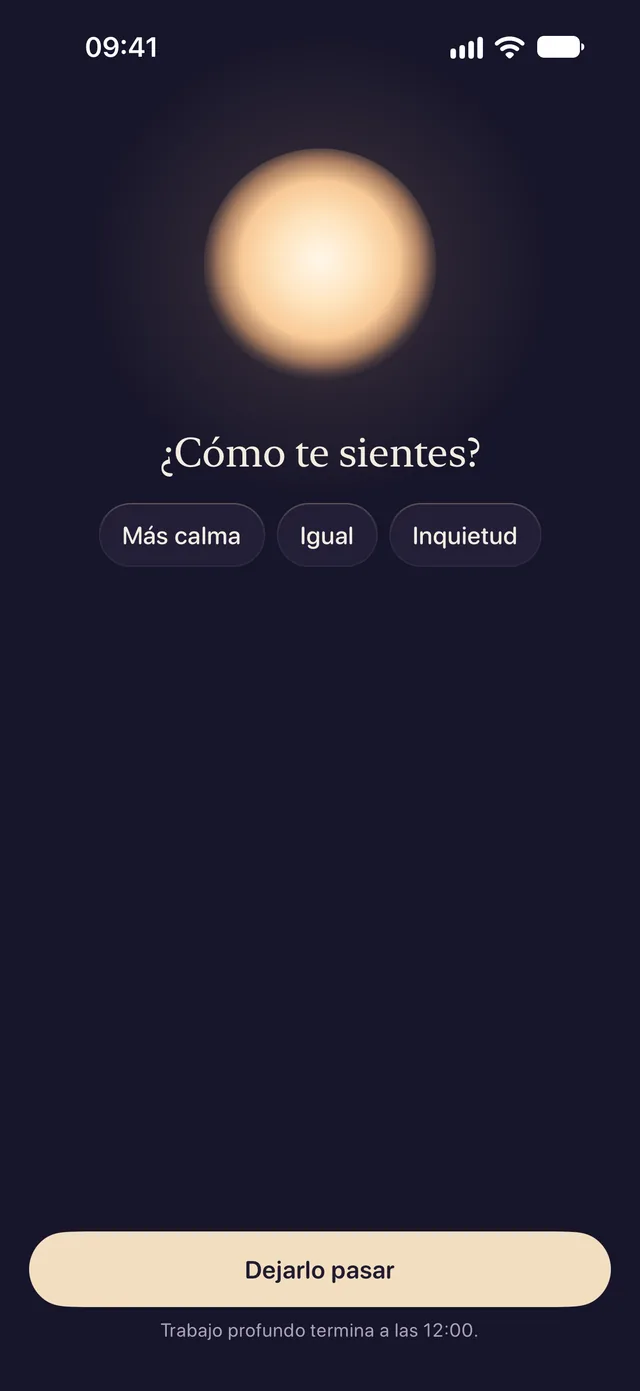 La pregunta de Lentu después de una respiración: ¿Cómo te sientes? Más calma, Igual, Inquietud. Dejarlo pasar. Trabajo profundo termina a las 12:00.