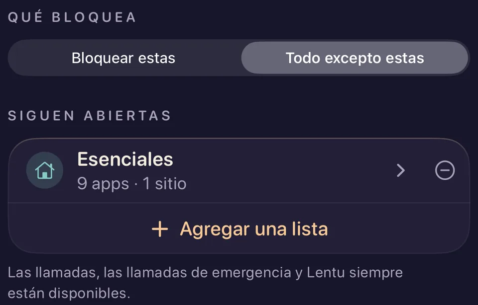 El bloqueo Domingo sin conexión de Lentu, en Todo excepto estas. Siguen abiertas: Esenciales, 9 apps y 1 sitio. Las llamadas, las llamadas de emergencia y Lentu siempre están disponibles.