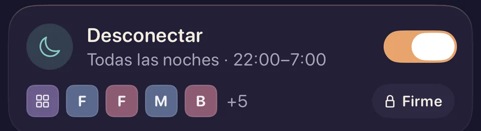 El bloqueo Desconectar de Lentu: todas las noches, de 22:00 a 7:00, Firme.