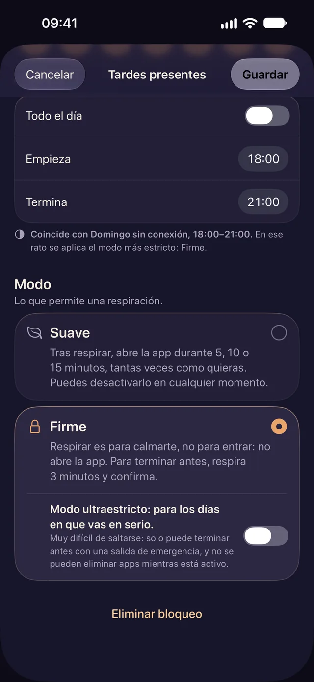 El editor de bloqueos de Lentu: dos tarjetas de modo, Suave y Firme, con Firme elegido, y bajo Firme, el interruptor del modo ultraestricto.