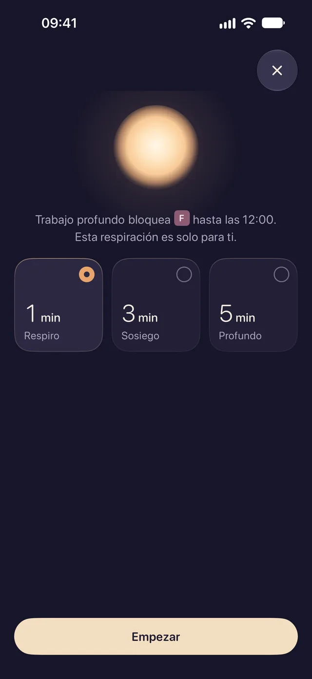 Lentu después de intentar abrir una app bloqueada: Trabajo profundo bloquea esta app hasta las 12:00. Esta respiración es solo para ti. Elige 1, 3 o 5 minutos y toca Empezar.