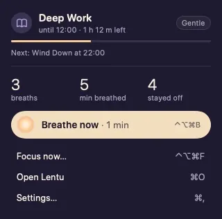 Lentu's menu bar popover on a Mac: Deep Work, Gentle, until 12:00, 1 h 12 m left. 3 breaths, 5 minutes breathed, 4 stayed off. Breathe now, 1 minute. Focus now. Open Lentu. Settings.
